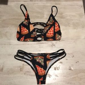 Black Pizza Print Bikini Set